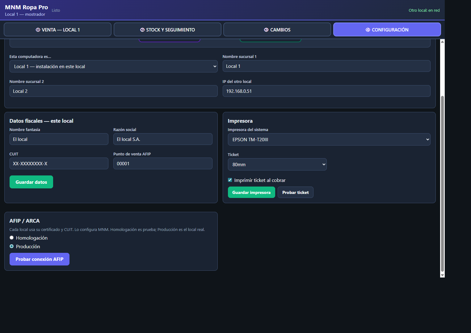 MNM Ropa Pro — configuración fiscal (ARCA)