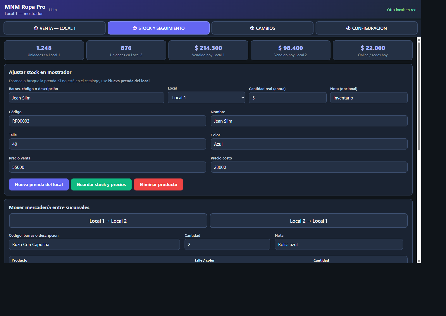MNM Ropa Pro — stock por talle y color