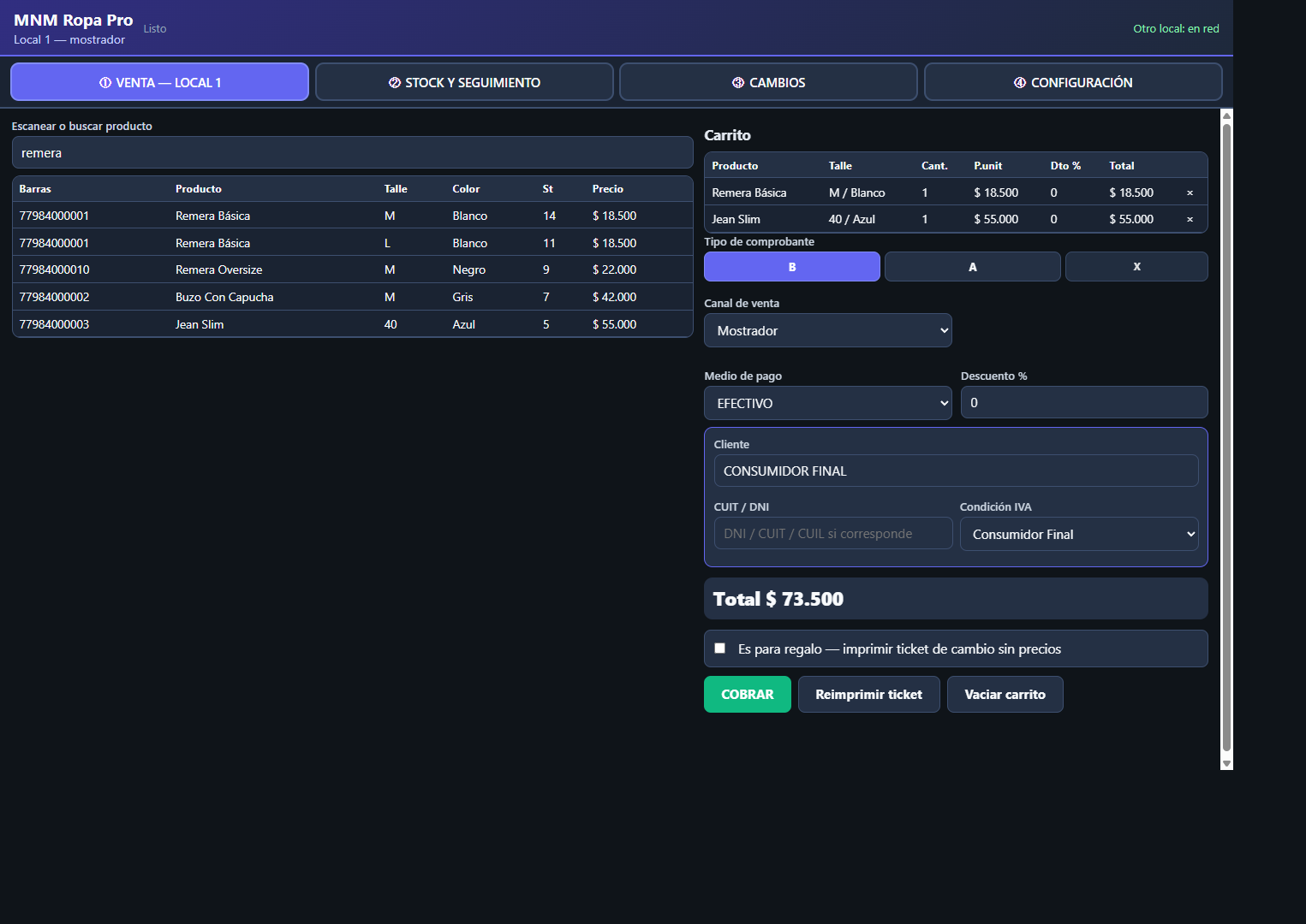 MNM Ropa Pro — pantalla de venta en mostrador